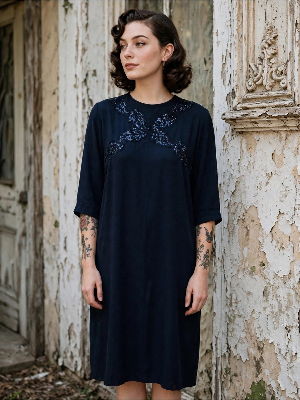 Vintage Carolina Herrera Black Embellished Midi Dress medium